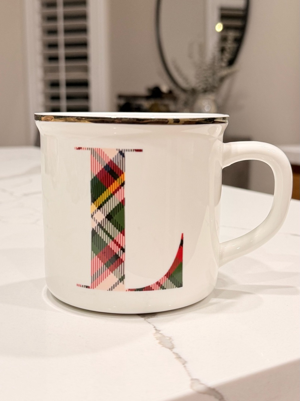 Pottery Barn Monogram "L" Plaid Christmas Holiday Coffee Mug - Picture 1 of 3